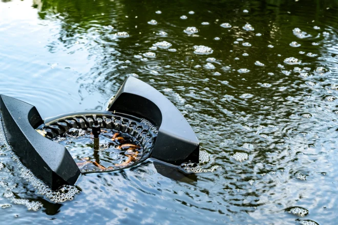 Skimmer-floats-on-surface-of-water-in-pond - Grass Roots Pond And Garden Skimmer floats on surface of water in pond.